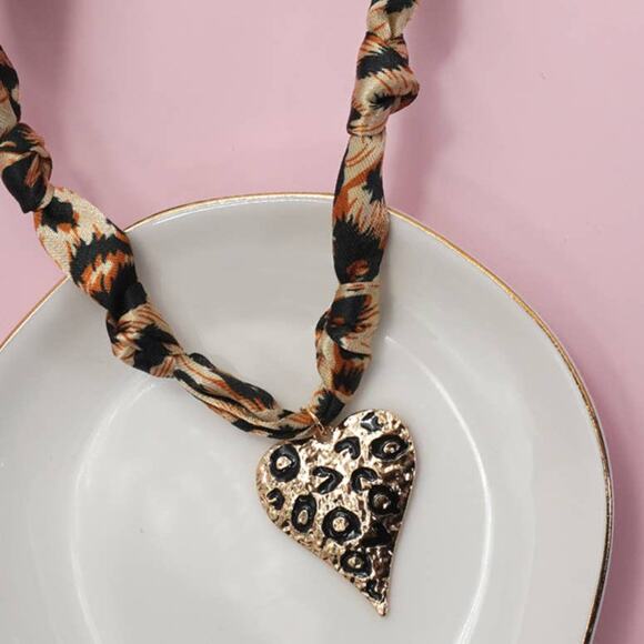 Leopard Knotted Scarf Necklace with Leopard Heart Charm - Picture 2 of 6
